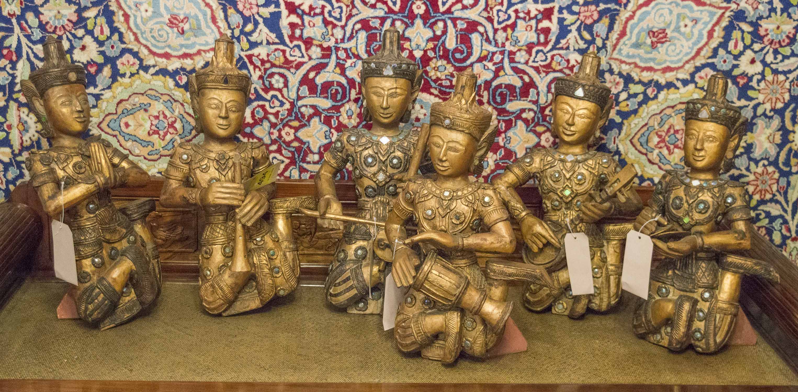 THAI MUSICIAN GROUP, a set of six, vintage carved gilt wood and mirror bejewelled musicians,