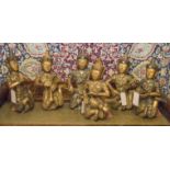 THAI MUSICIAN GROUP, a set of six, vintage carved gilt wood and mirror bejewelled musicians,