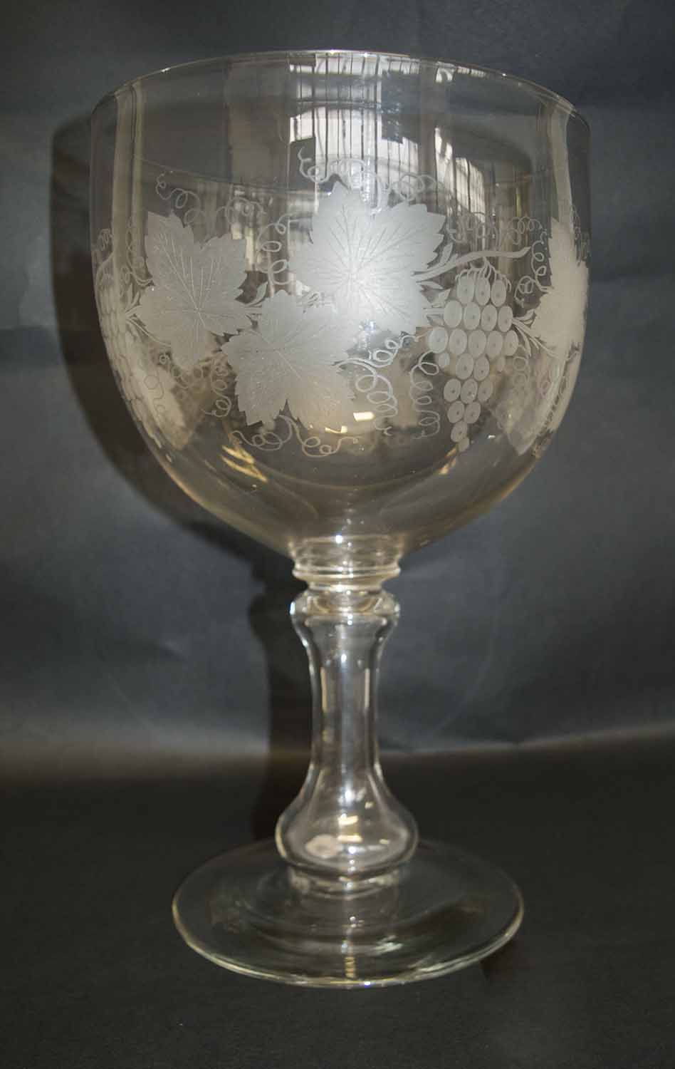 VICTORIAN ETCHED GLASS, large rare item with Victorian silver coin inside stem, 34cm H.