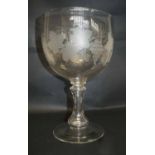 VICTORIAN ETCHED GLASS, large rare item with Victorian silver coin inside stem, 34cm H.