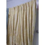 CURTAINS, three pairs, in lemon damask, lined and interlined,