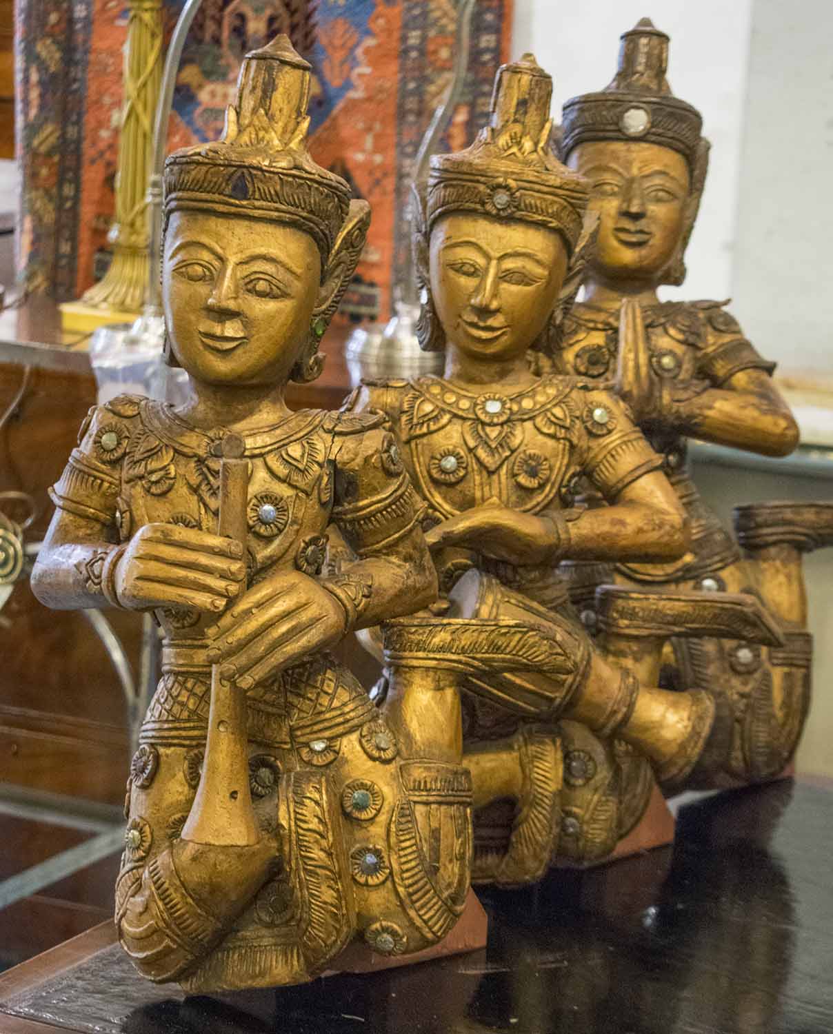 THAI MUSICIAN GROUP, a set of six, vintage carved gilt wood and mirror bejewelled musicians, - Image 3 of 3