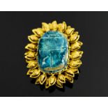 ANCIENT FAIENCE SCARAB AND LATER YELLOW GOLD MOUNTED BROOCH, (total weight 24.