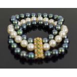 A 1960'S FRENCH EMERALD, DIAMOND & CULTURED PEARL BRACELET.