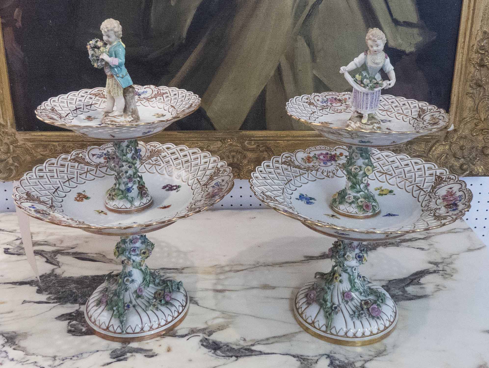 ANTIQUE MEISSEN PORCELAIN A PAIR OF RETICULLARD TWO TIER CAKE STANDS, circa 1870,