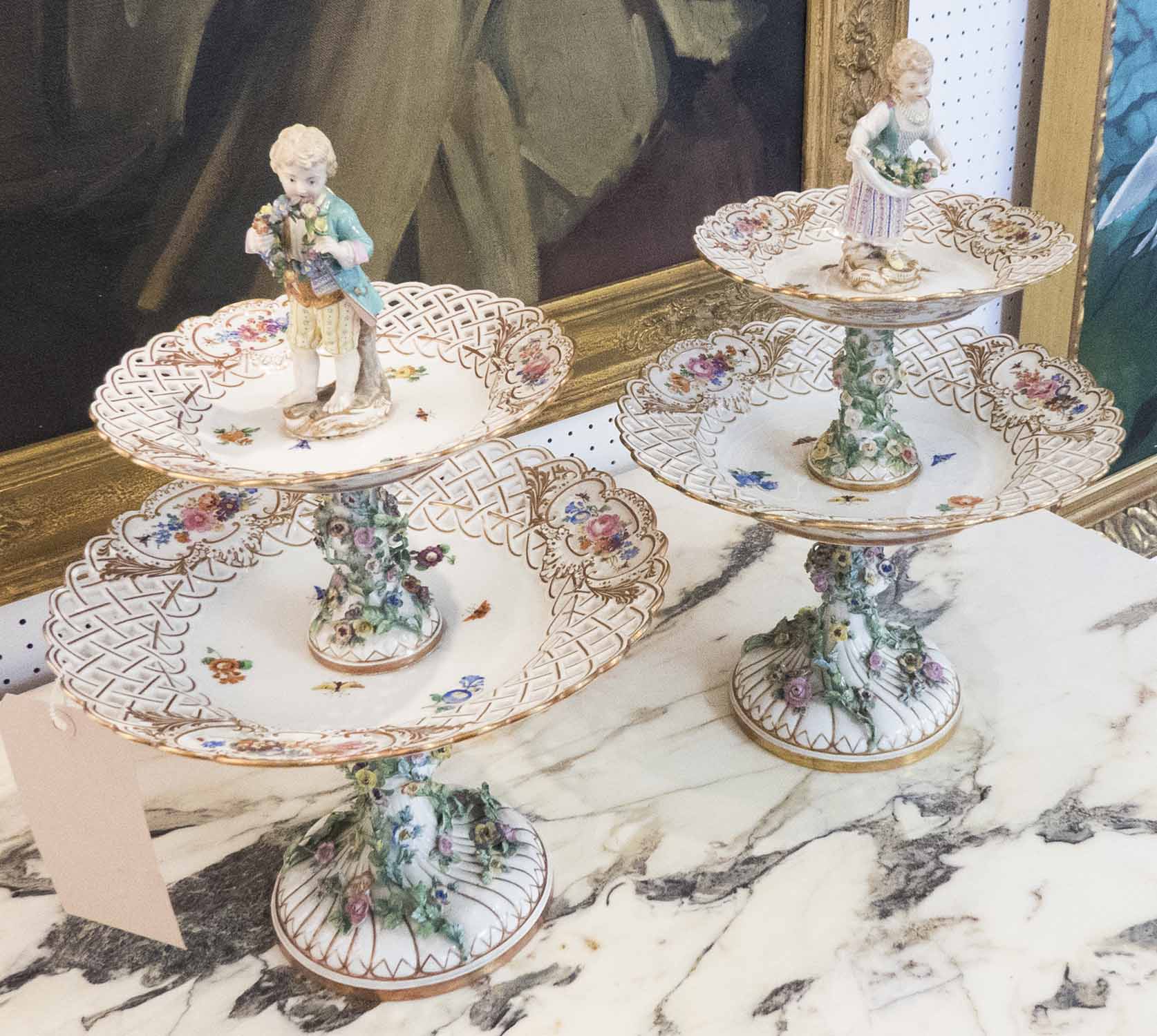 ANTIQUE MEISSEN PORCELAIN A PAIR OF RETICULLARD TWO TIER CAKE STANDS, circa 1870, - Image 2 of 7