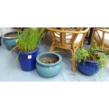 COLLECTION OF ORIENTAL STYLE POTS, seven, blue glazed finish, various sizes, 37cm H.