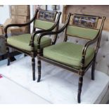 OPEN ARMCHAIRS, a pair, French oriental style with Chinoiserie decoration, with green seat cushions,