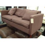 SOFA, two seater, in dark brown fabric on square supports, 188cm L.