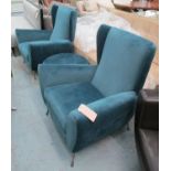 WINGBACK ARMCHAIRS, a pair, in blue velvet, 1960's style on turned supports, plus a footstool,