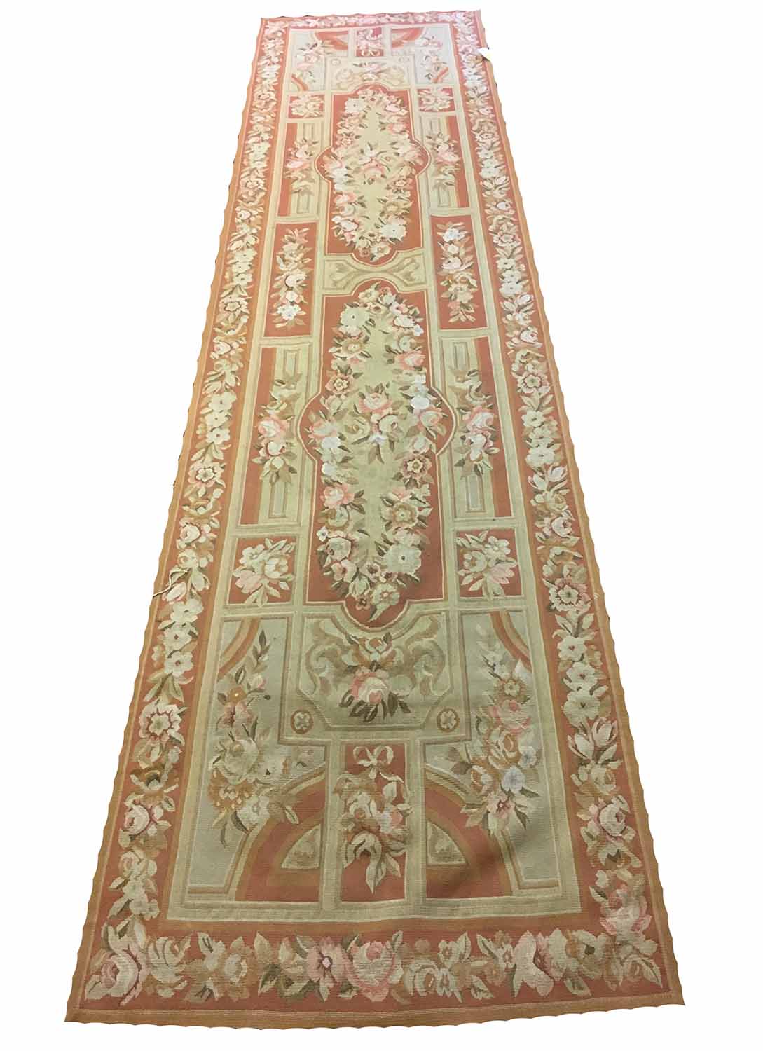 AUBUSSON SAVONNERIE STYLE RUNNER, 366cm x 90cm, rose design in shades of coral.