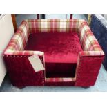 DOG BED, red tartan upholstery, on bun feet, 66cm W.