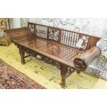 BENCH, Asian Jichimu, with carved spindle back, plank seat and inset marble seat rail, 171cm W.