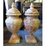 GARDEN URNS, a pair, with covers in distress painted terracotta, 81cm H.