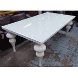 DINING TABLE, contemporary design with shaped legs and glass top, 77.5cm H x 210cm L x 120cm D.