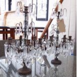 TABLE CANDELABRUM, a pair, six branch in rustic finish with glass drops, 61cm H.