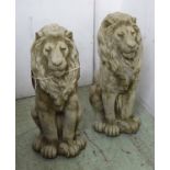 SEATED LIONS, a pair, in reconstituted stone, 58cm H.