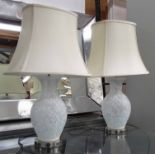 TABLE LAMPS, a pair, etched glass bases with shades, 64cm H.