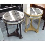 OCCASIONAL TABLES, two, circular mirrored tops, one black, one gold, 50cm x 70cm H.