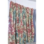 CURTAINS, a pair, heraldic designs on a cream background, lined and interlined,