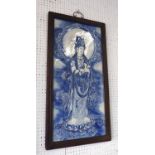 WALL DECORATION, of Quan Yin Chinese blue and white framed, 89cm x 45cm.