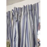 CURTAINS, three pairs, in blue striped fabric, lined, gathered, 104cm W x 200cm Drop.