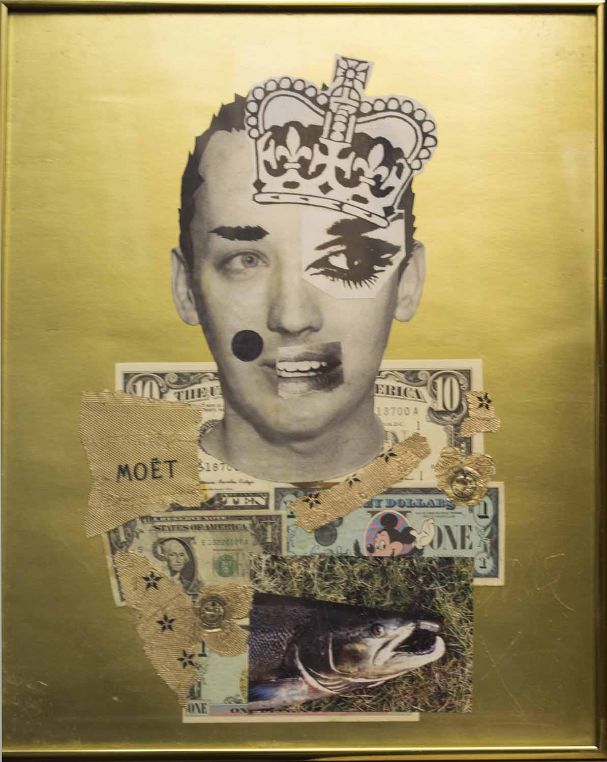 BOY GEORGE, collage on golden cardboard background, 52cm x 42cm overall, framed and glazed.