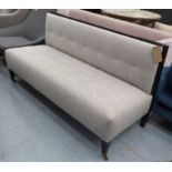BENCH/STOOL, grey fabric upholstered, on square tapering supports and castors,