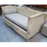 TRUNDLE BED, French style double caned with foliate carved showframe in cream with blue highlights,