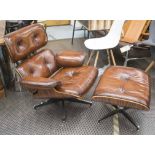 LOUNGE CHAIR AND STOOL, after Charles Eames inspired buttoned,