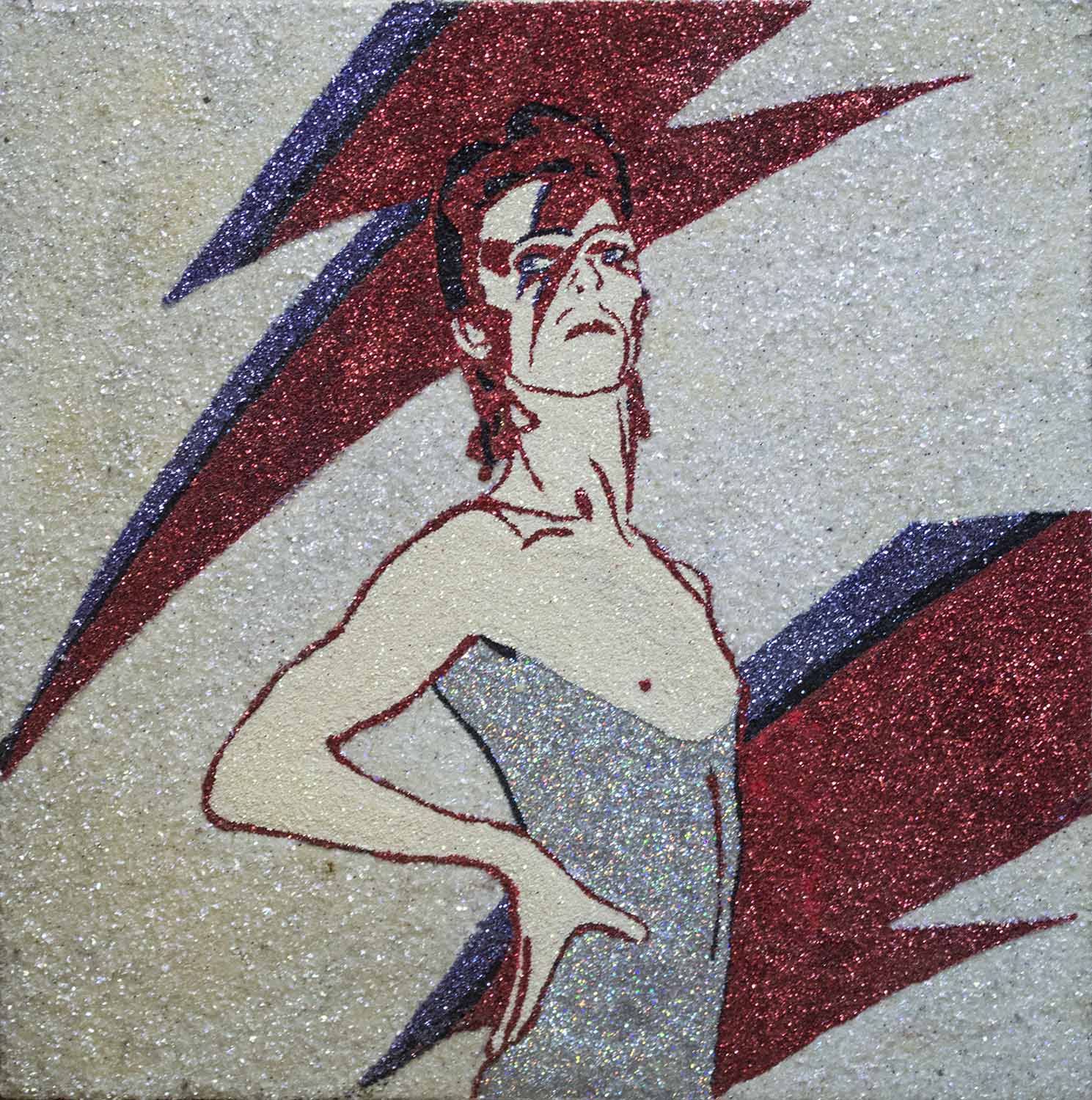 HARI DERUSCH 'David Bowie', 2010, glitter on canvas, signed and dated verso, 61cm x 61cm.
