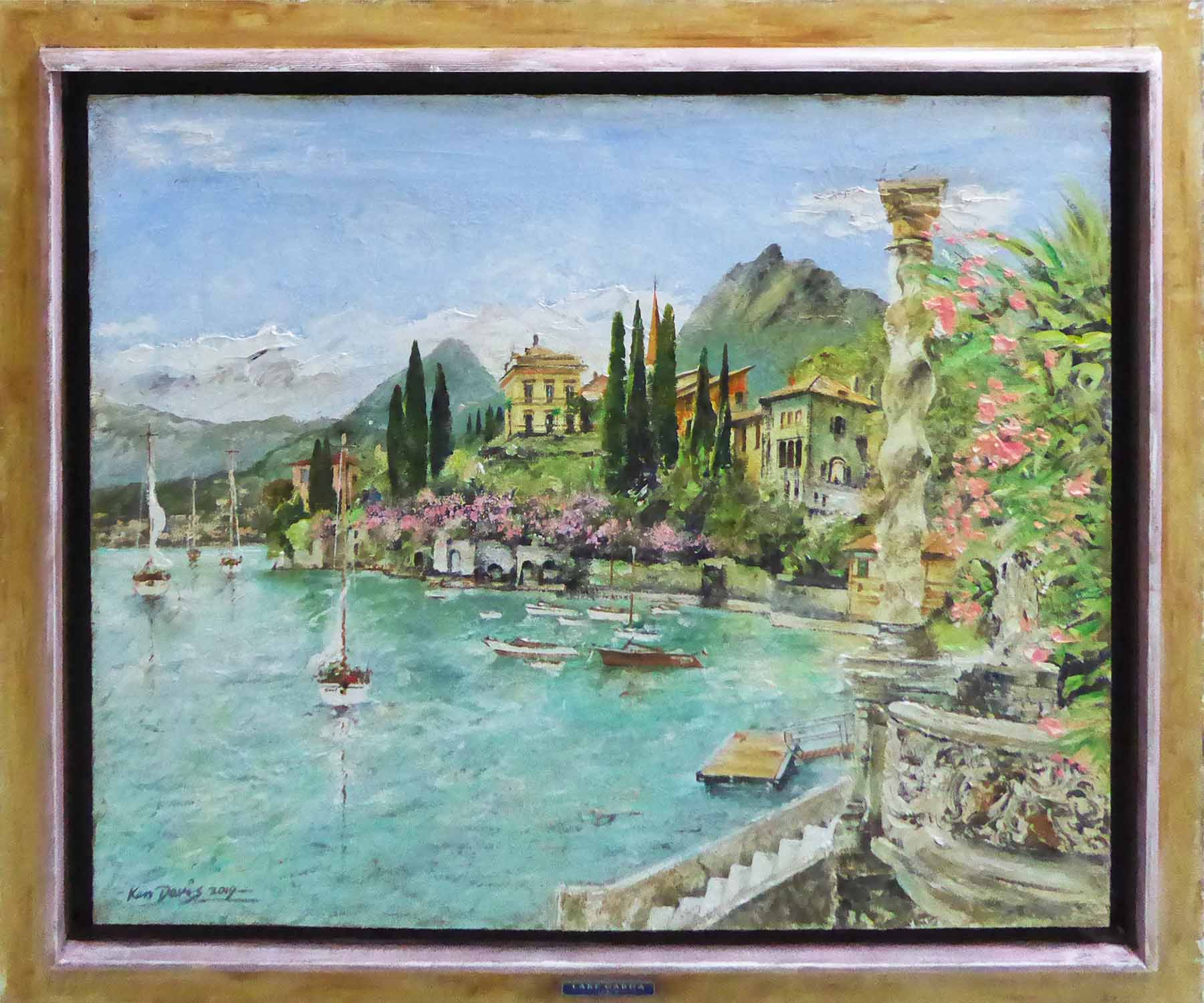 KEN DAVIS 'Lake Garda', acrylics on board, 98cm x 116cm, framed.