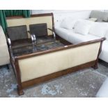 SIMON HORN SLEIGH BED, cherrywood with cream suede padded ends and twin box bases,