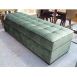 OTTOMAN, in square stitched green upholstery, 180cm x 60cm x 50cm.