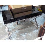 DESK, contemporary design black glass with two drawers on X framed chrome legged base,