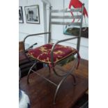 DINING CHAIRS, a set of eight, in wrought iron with cushions, 48cm W.