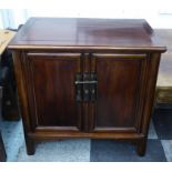 ASIAN WOODEN SIDE CABINET, with a pair of doors, 78cm W x 50cm D x 80cm H.