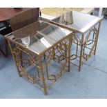 LAMP TABLES, a pair, square mirrored tops, on faux bamboo framed bases in a gilt finish,