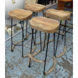 BAR STOOLS, four, with shaped wooden seats on metal bases, each 39cm W x 28cm D x 77cm H.