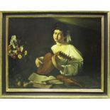 AFTER CARAVAGGIO 'The Lute Player', oil on canvas, 95cm x120cm, framed.