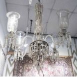 CHANDELIER, 19th century Indo-French, Pondicherry glass, with four etched hurricane shades,