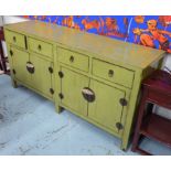 SHANXI STYLE SIDEBOARD, Asian distressed green painted, 50cm D x 86cm H x 174cm W.