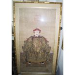 TWO CHINESE ANCESTOR STYLE PORTRAITS, 96cm x 54cm AND SIX CHINESE PAINTINGS ON SILK,