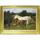 20TH CENTURY SCHOOL 'Horses on a Hill', oil on canvas, 75cm x 107cm, framed.