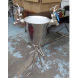 JARDINIERE/CHAMPAGNE BUCKET, chrome with stag heads on tri form antler supports, 110cm H.