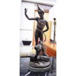 BRONZE, figure of Pierrot with dog on base, 33cm H.