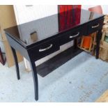 DESK, with glass top and three drawers below with an ebonised finish, 121cm x 52cm x 74cm H.