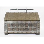 UNUSUAL HAND MADE IRON AND BRASS CASKET, and a large wood and metal platter, Australian.
