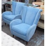 ARMCHAIRS, a pair, 1950's by Paolo Buffa newly upholstered in sky blue chenille,