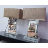 TABLE LAMPS, a pair, contemporary mirrored design with shades, 58cm H.